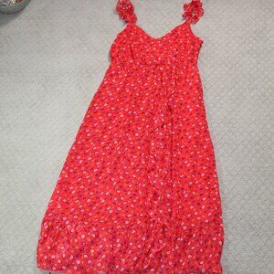 Madewell Size 8 Red Floral Lightweight Maxi Ruffle Trim Sun Dress